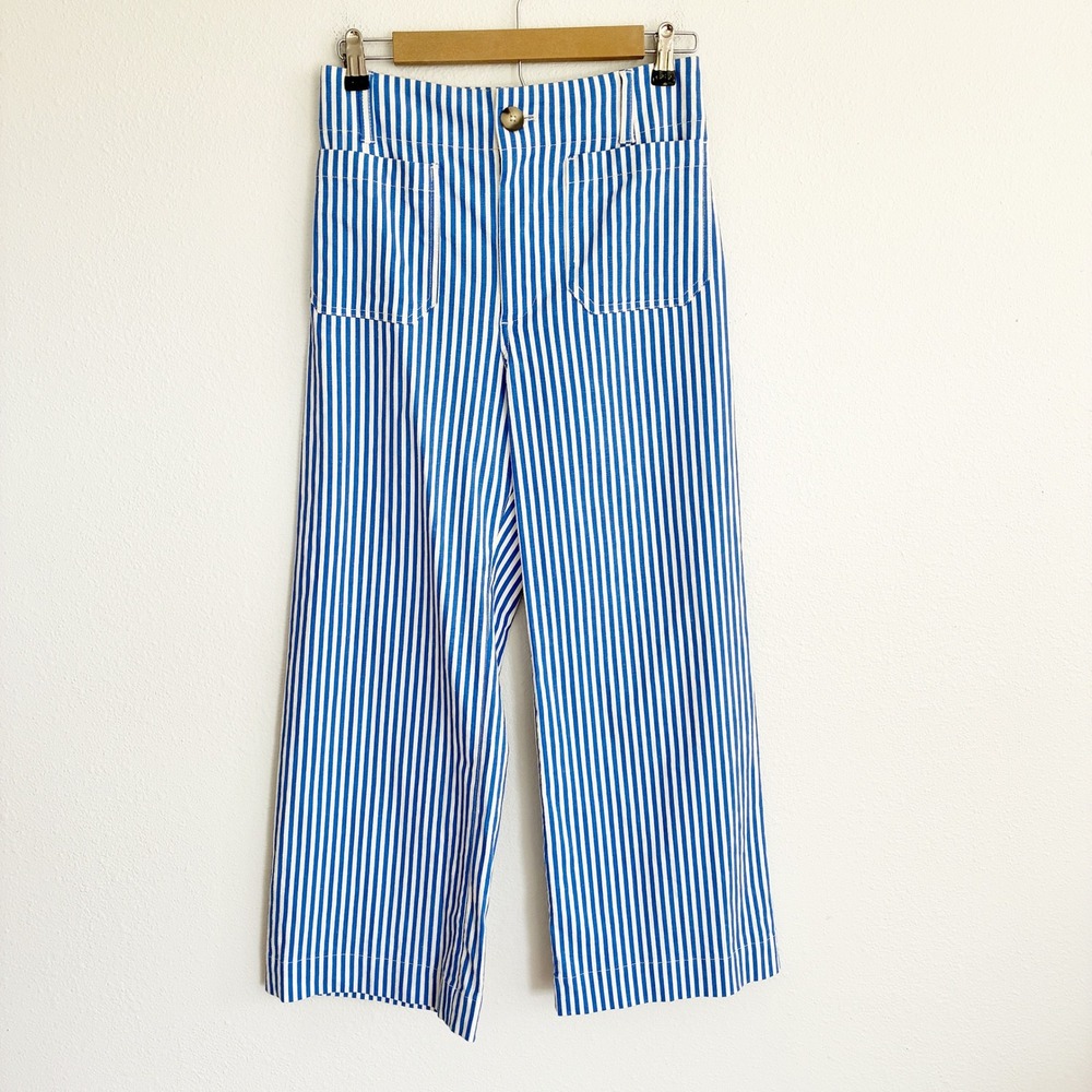 Maeve The Colette Pants Women 27 Blue Stripe Linen Blend Wide Leg Crop High Rise